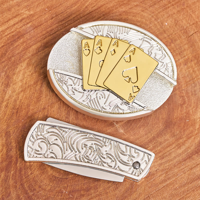 Ceinture en cuir pour homme avec boucle dissimulant un couteau pliant de poker doré et argenté (à monter soi-même). - image 3