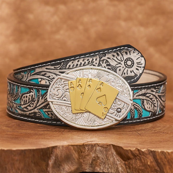 Ceinture en cuir pour homme avec boucle dissimulant un couteau pliant de poker doré et argenté (à monter soi-même). - Longhorn - Ceinture à fleurs grises - 42 - image 9