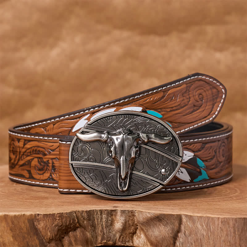 Ceinture en cuir pour homme avec boucle de couteau pliant dissimulé, style rodéo, à monter soi-même. - Longhorn - Ceinture de plumes brunes - 40 - image 7