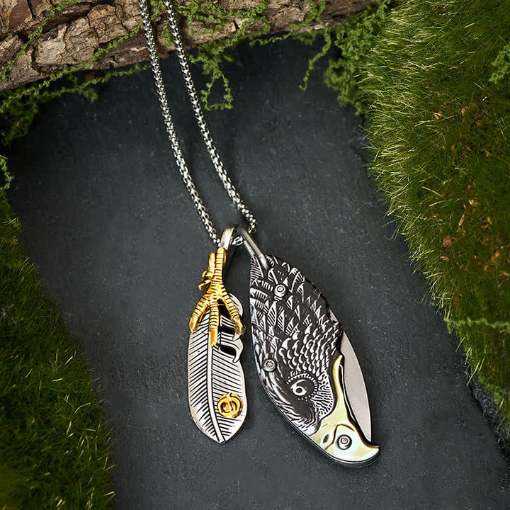 Collier couteau pliant miniature Aigle et Griffe avec plume - image 2