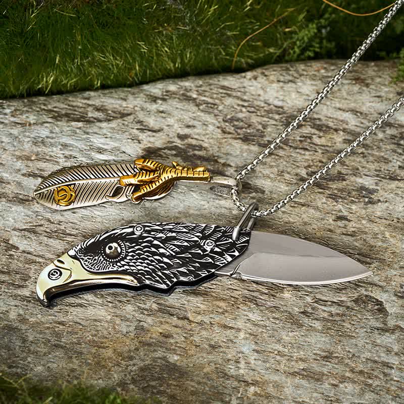Collier couteau pliant miniature Aigle et Griffe avec plume - image 6