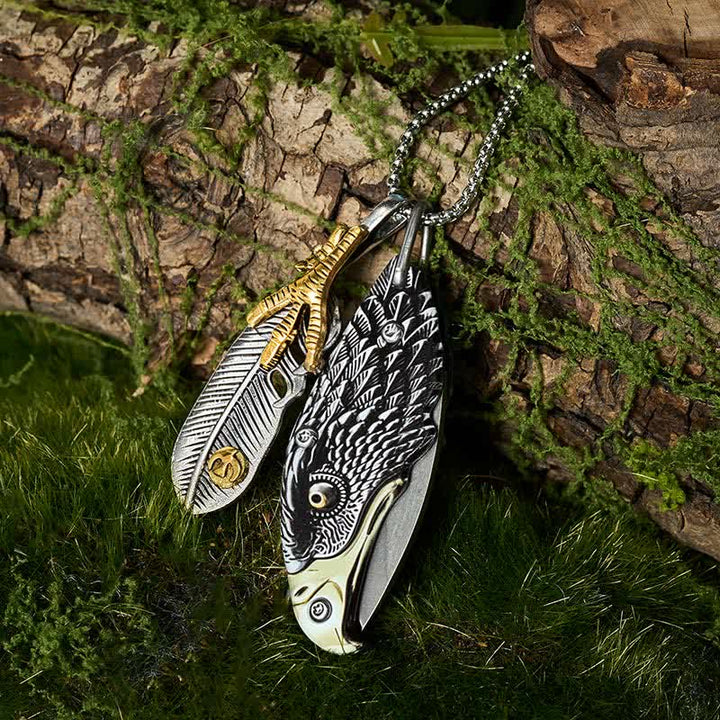 Collier couteau pliant miniature Aigle et Griffe avec plume - image 5