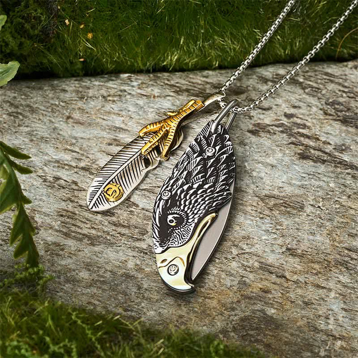 Collier couteau pliant miniature Aigle et Griffe avec plume - image 7