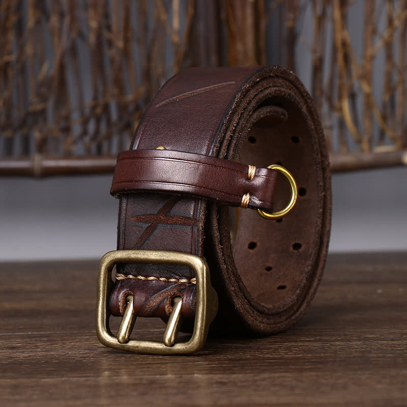 Ceinture de travail robuste en cuir à double boucle, style robuste - Café - 44 - image 0
