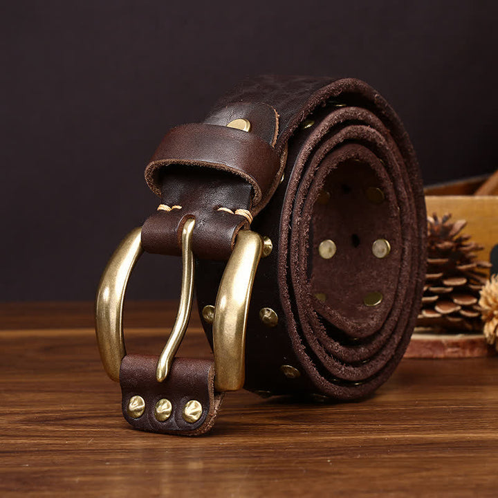 Ceinture en cuir vieilli cloutée à rivets en laiton style Far West - Café - 44 - image 8