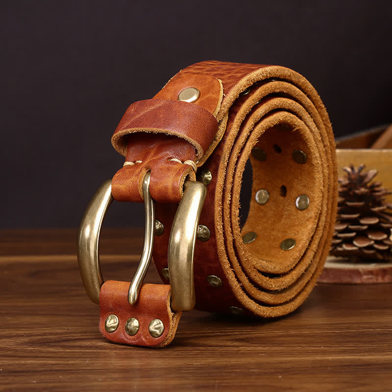 Ceinture en cuir vieilli cloutée à rivets en laiton style Far West - Orange - 44 - image 0