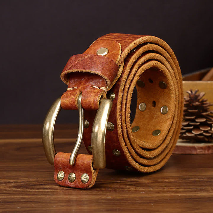 Ceinture en cuir vieilli cloutée à rivets en laiton style Far West - Orange - 44 - image 0