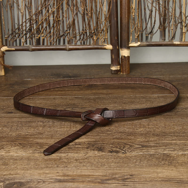 Ceinture à nœud en cuir embossé crocodile, nouée à la main, pour femme - Café - 47,2" (120 cm) - image 0