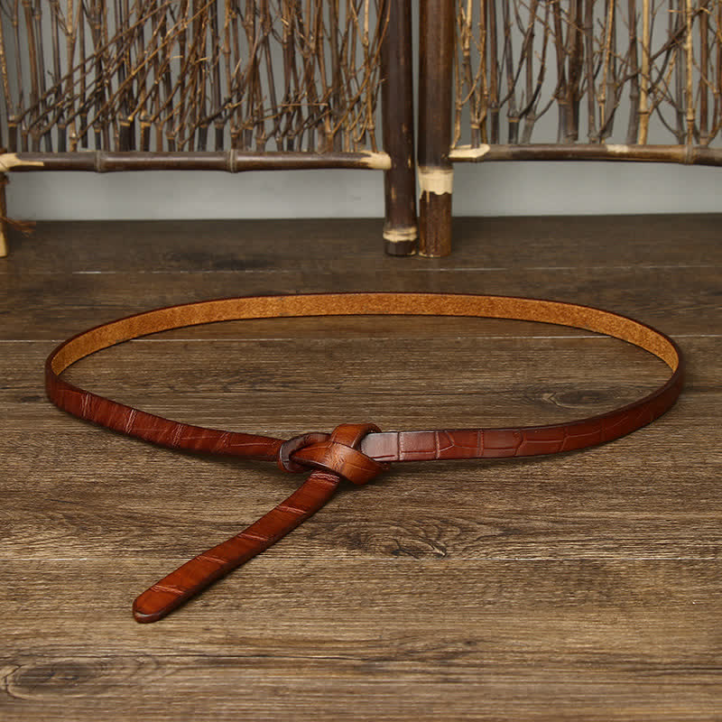 Ceinture à nœud en cuir embossé crocodile, nouée à la main, pour femme - Brun - 47,2" (120 cm) - image 4