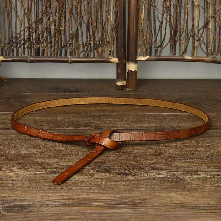 Ceinture à nœud en cuir embossé crocodile, nouée à la main, pour femme - Orange - 47,2" (120 cm) - image 6