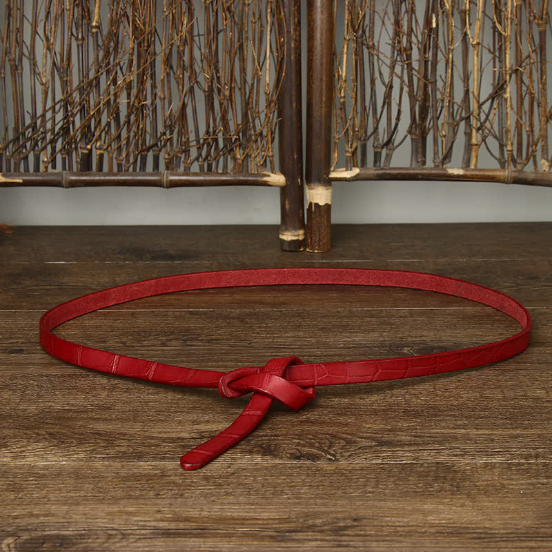 Ceinture à nœud en cuir embossé crocodile, nouée à la main, pour femme - Rouge - 47,2" (120 cm) - image 8