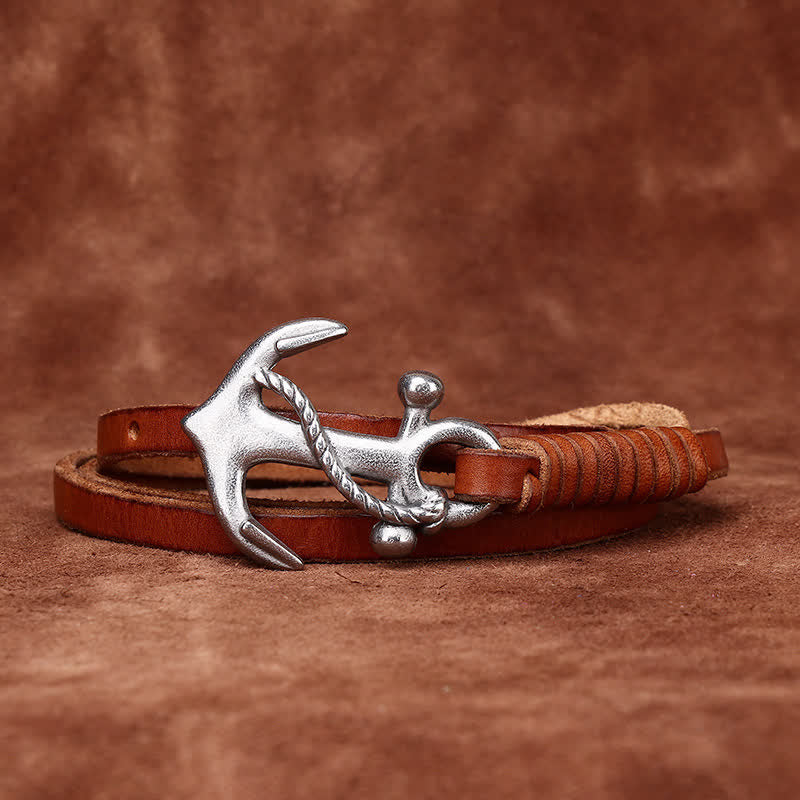Ceinture étroite en cuir pour femme avec boucle vintage à motif d'ancre nautique - image 3