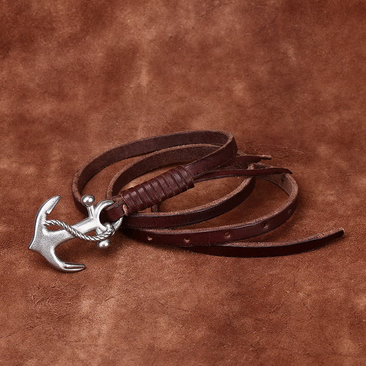 Ceinture étroite en cuir pour femme avec boucle vintage à motif d'ancre nautique - Café - 40 - image 5