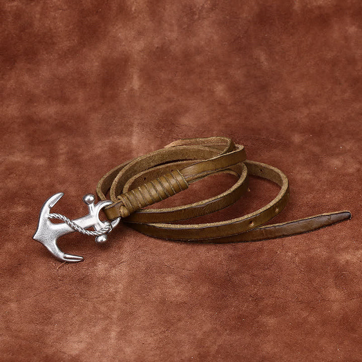 Ceinture étroite en cuir pour femme avec boucle vintage à motif d'ancre nautique - Vert clair - 40 - image 20