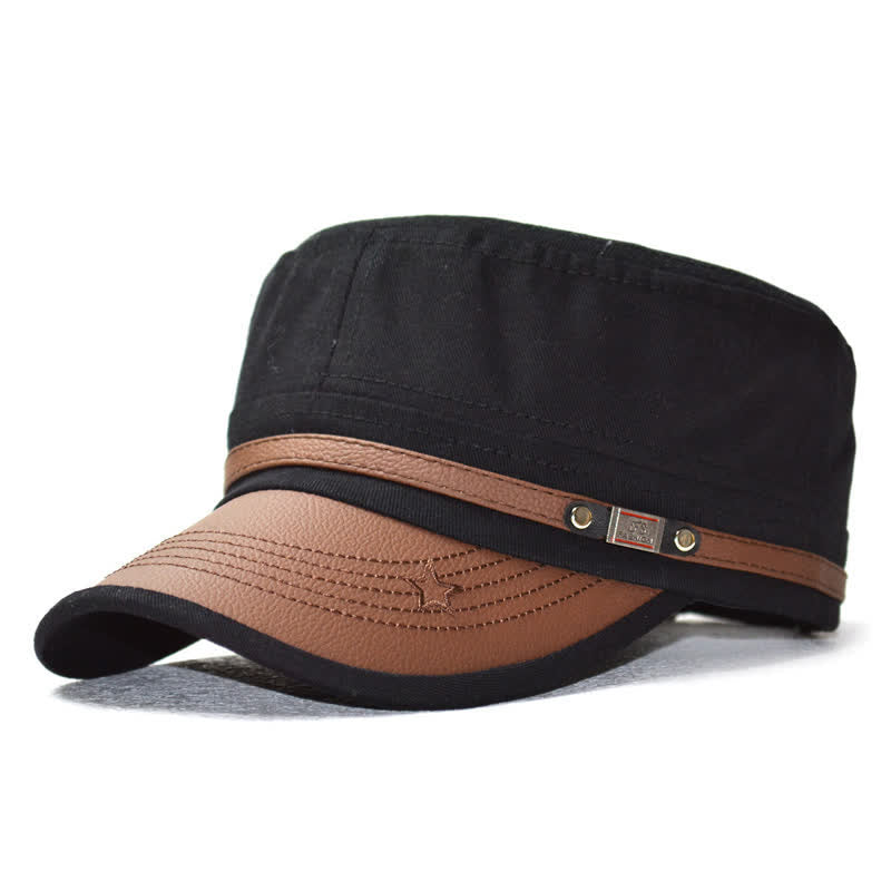Chapeau plat à calotte orné de détails en cuir de style militaire et d'une broderie d'étoile - Noir - M (22"-22 7/8") - image 1