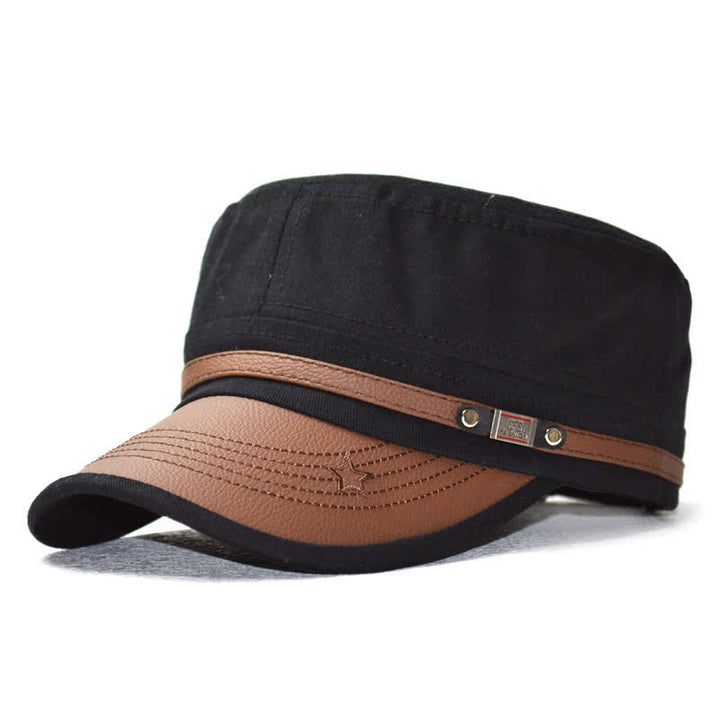 Chapeau plat à calotte orné de détails en cuir de style militaire et d'une broderie d'étoile - Noir - M (22"-22 7/8") - image 1