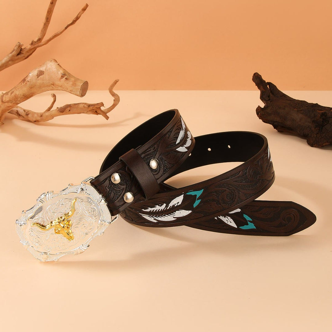 Ceinture en cuir à boucle en forme de tête de taureau dorée de l'Ouest, ornée de plumes. - image 6