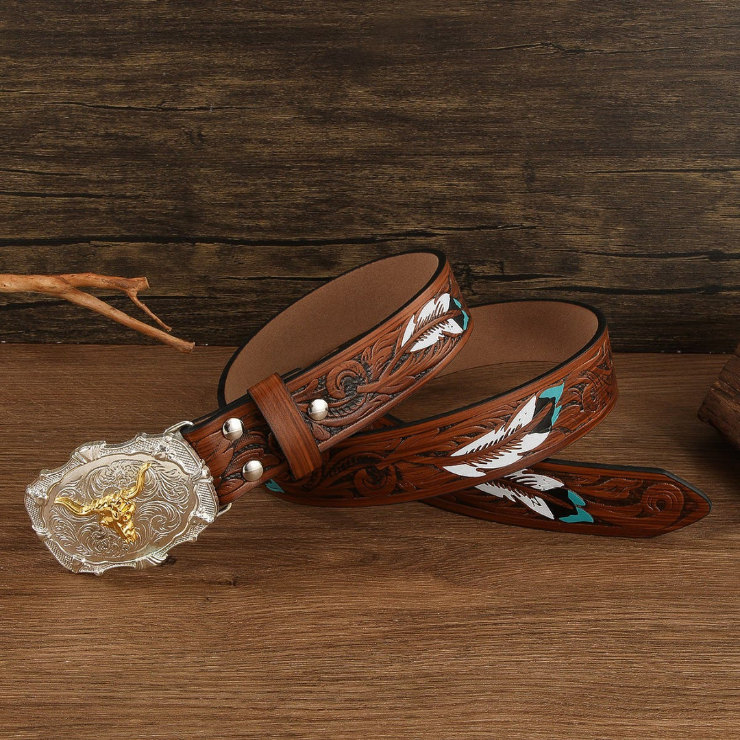 Ceinture en cuir à boucle en forme de tête de taureau dorée de l'Ouest, ornée de plumes. - image 3