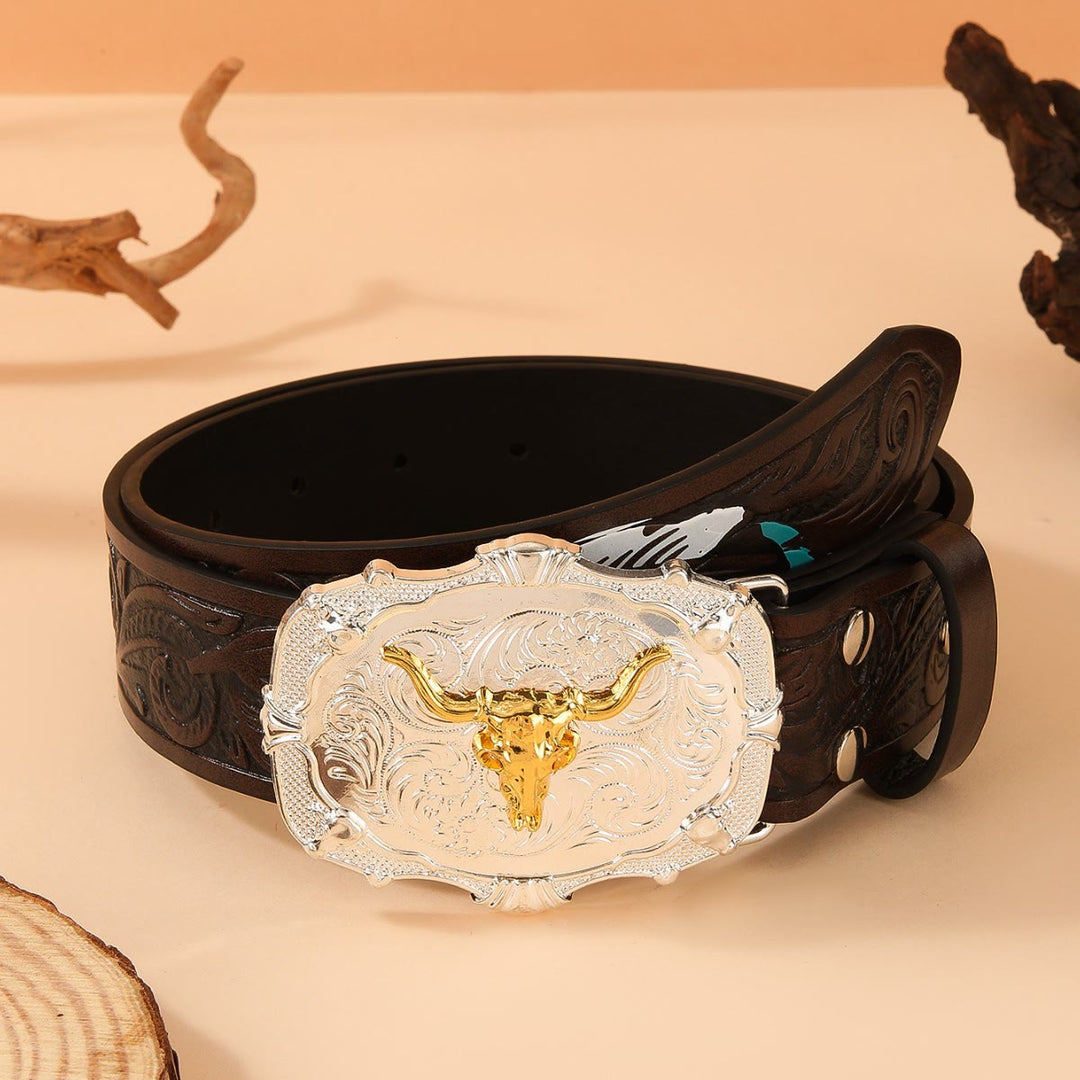 Ceinture en cuir à boucle en forme de tête de taureau dorée de l'Ouest, ornée de plumes. - Café - 42 - image 4