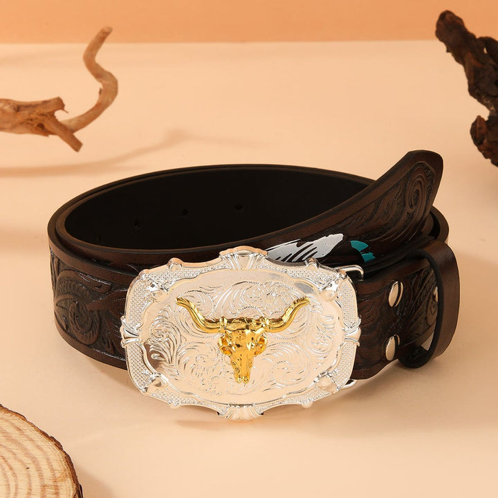 Ceinture en cuir à boucle en forme de tête de taureau dorée de l'Ouest, ornée de plumes. - Café - 42 - image 4