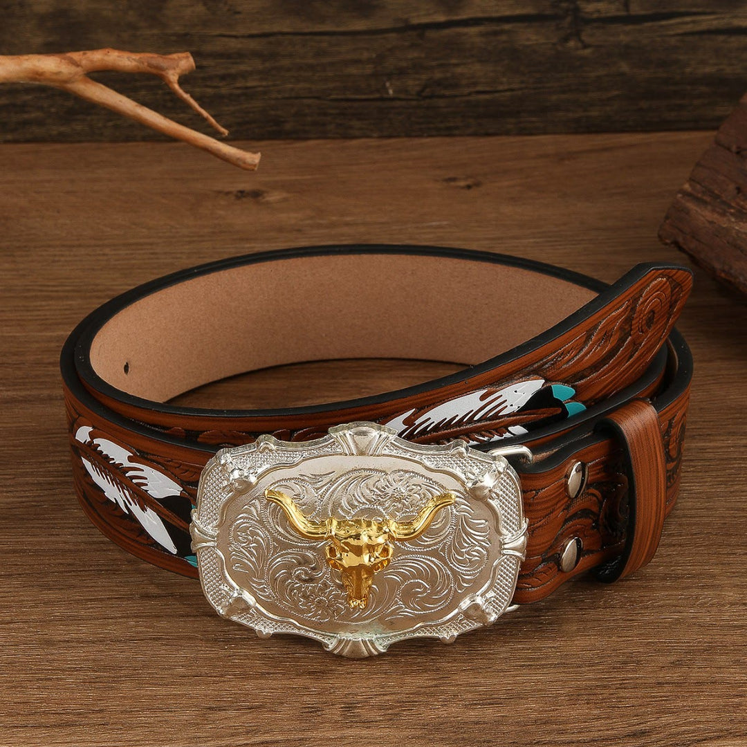 Ceinture en cuir à boucle en forme de tête de taureau dorée de l'Ouest, ornée de plumes. - Brun - 42 - image 0