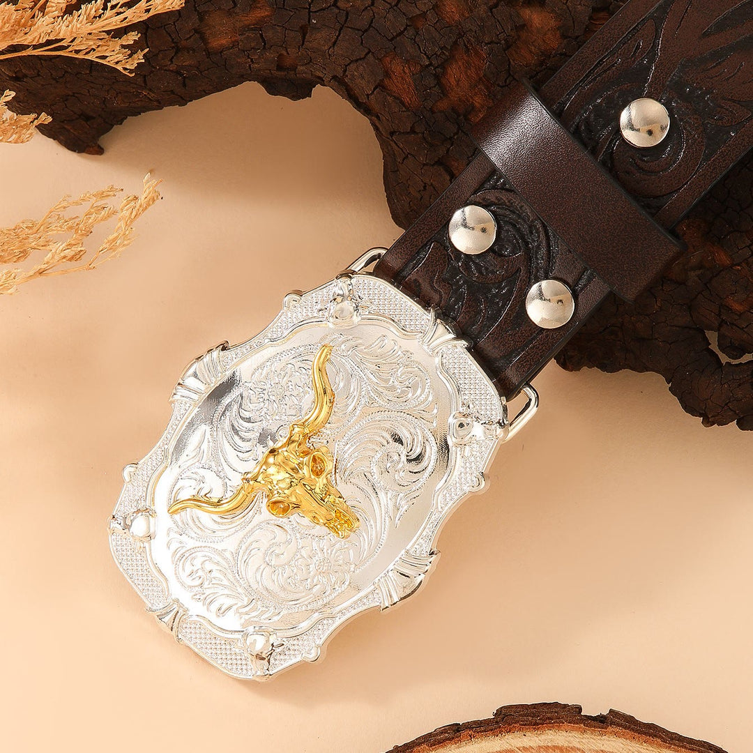 Ceinture en cuir à boucle en forme de tête de taureau dorée de l'Ouest, ornée de plumes. - image 5