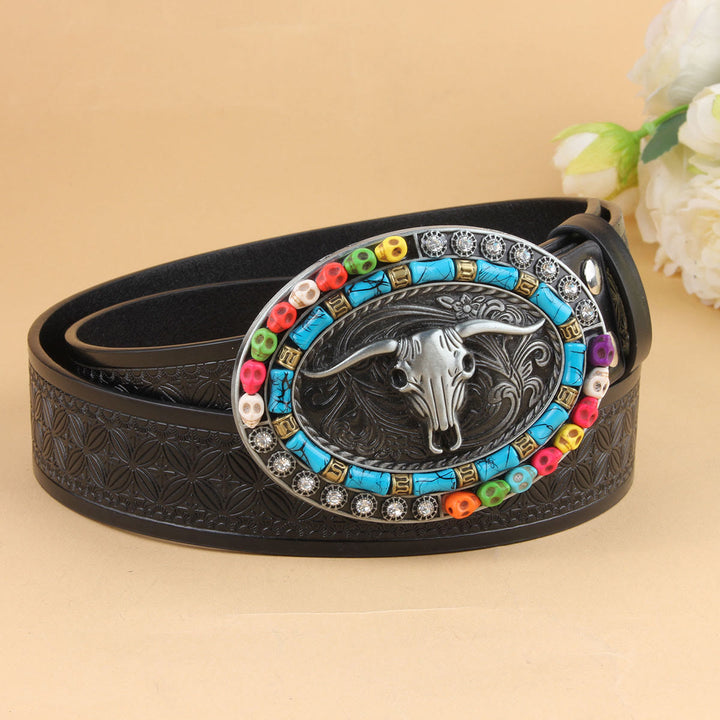 Ceinture en cuir embossé avec boucle tête de taureau turquoise et perles de style western bohème - Tête de taureau - 40 - image 0