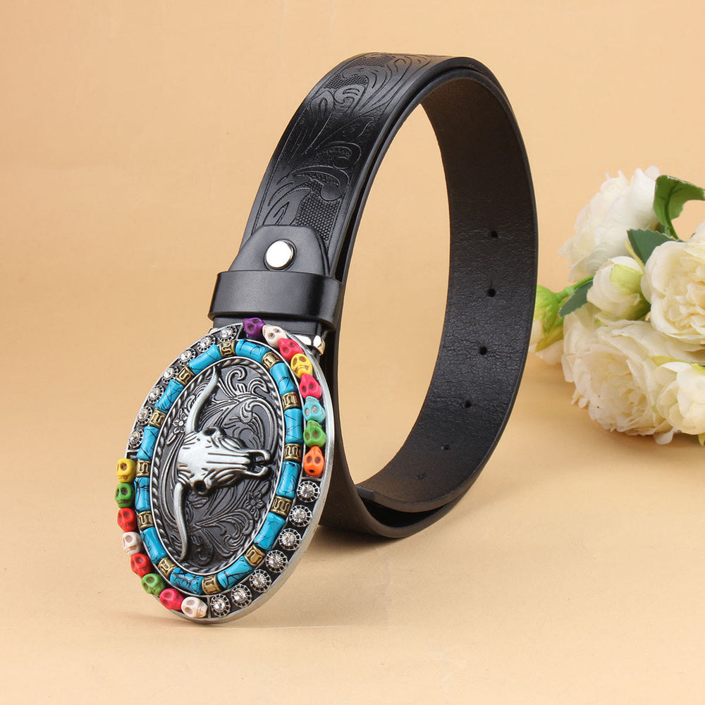 Ceinture en cuir embossé avec boucle tête de taureau turquoise et perles de style western bohème - image 1