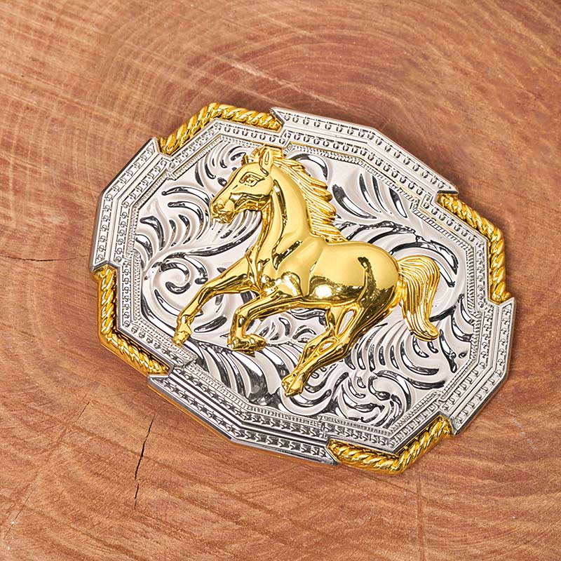 Ceinture en cuir pour homme avec boucle en relief or et argent représentant un cheval au galop, de style western. - image 1