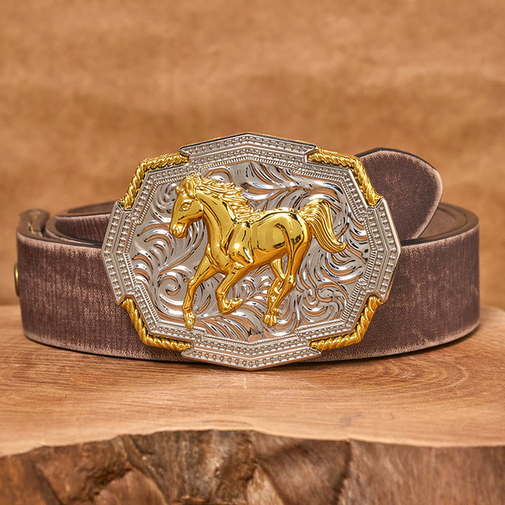 Ceinture en cuir pour homme avec boucle en relief or et argent représentant un cheval au galop, de style western. - Ceinture marron vieillie - 42 - image 5
