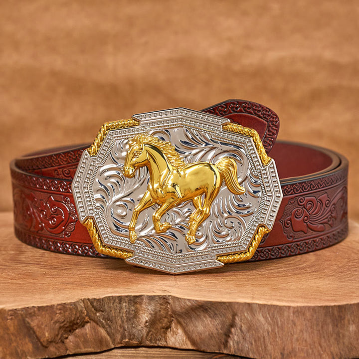 Ceinture en cuir pour homme avec boucle en relief or et argent représentant un cheval au galop, de style western. - Ceinture sculptée marron - 42 - image 6