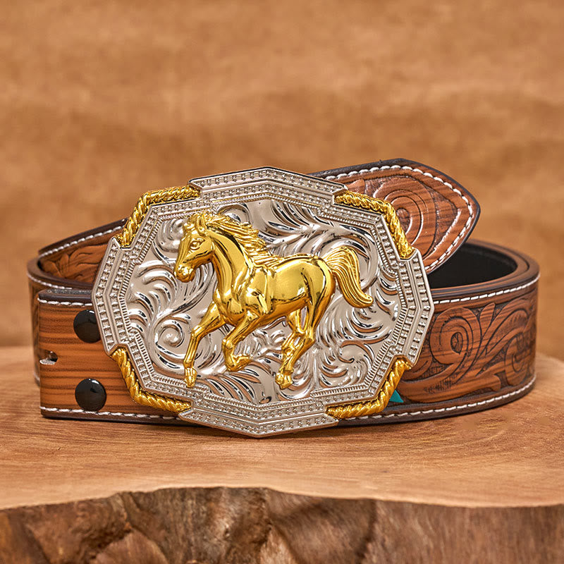 Ceinture en cuir pour homme avec boucle en relief or et argent représentant un cheval au galop, de style western. - Ceinture de plumes brunes - 40 - image 7