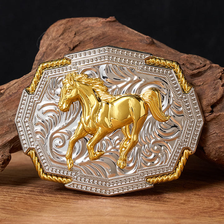 Ceinture en cuir pour homme avec boucle en relief or et argent représentant un cheval au galop, de style western. - Sans ceinture - Ceinture non incluse - image 0