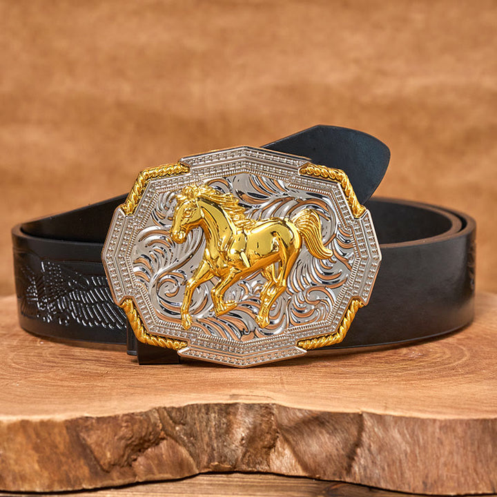 Ceinture en cuir pour homme avec boucle en relief or et argent représentant un cheval au galop, de style western. - Ceinture noire à motif aigle en relief - 42 - image 2