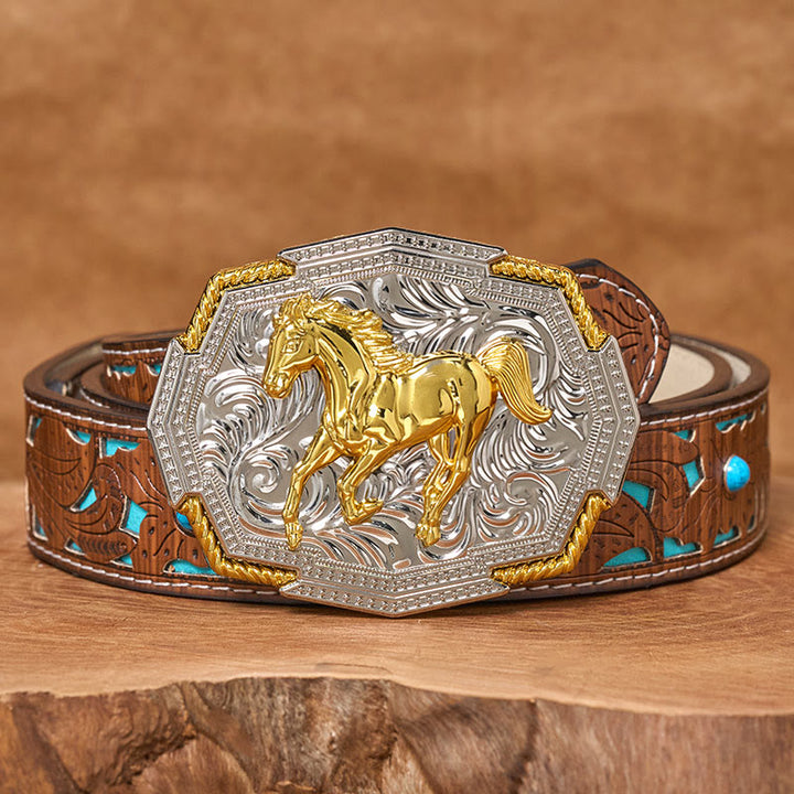 Ceinture en cuir pour homme avec boucle en relief or et argent représentant un cheval au galop, de style western. - Ceinture turquoise sculptée - 42 - image 3