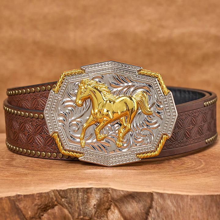 Ceinture en cuir pour homme avec boucle en relief or et argent représentant un cheval au galop, de style western. - Ceinture à rivets marron - 42 - image 4