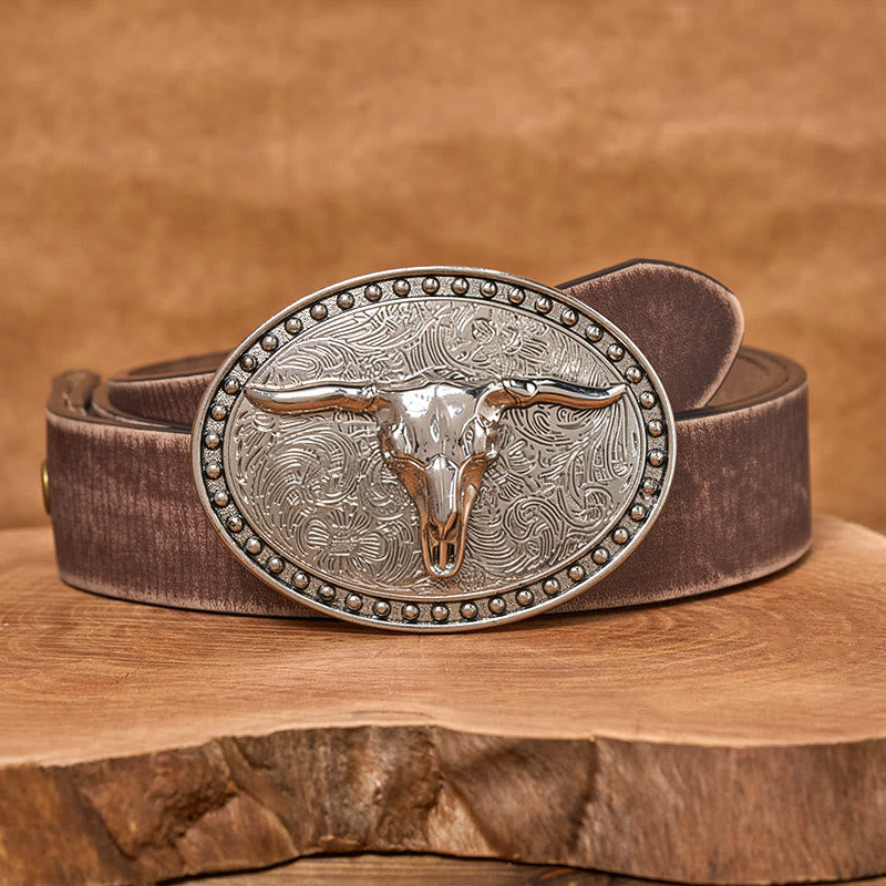 Ceinture en cuir pour homme avec boucle ovale en cuir argenté à motif tête de taureau Longhorn - Ceinture marron vieillie - 42 - image 5