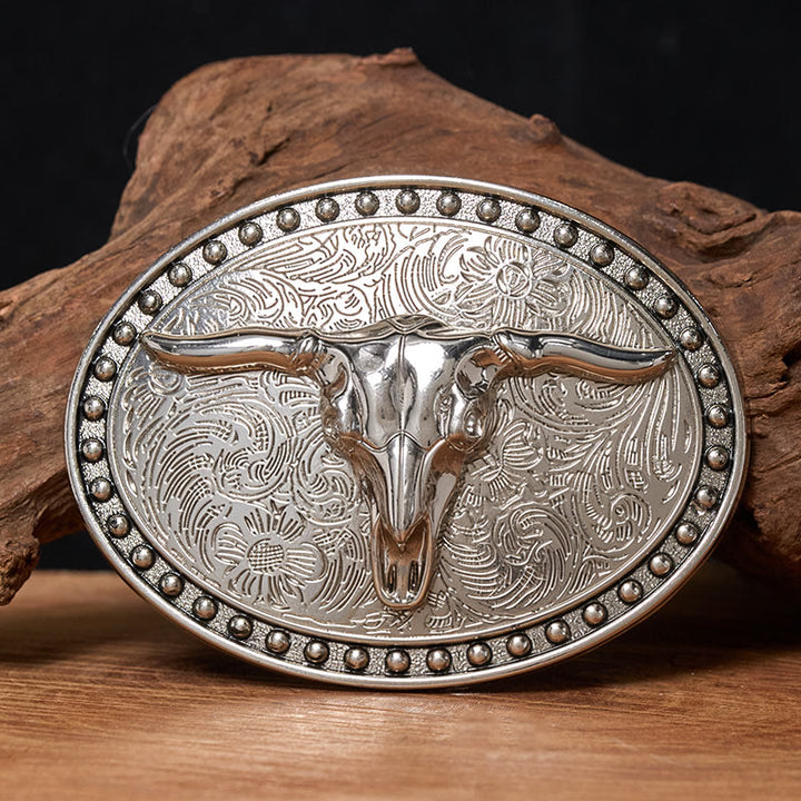 Ceinture en cuir pour homme avec boucle ovale en cuir argenté à motif tête de taureau Longhorn - Sans ceinture - Ceinture non incluse - image 0