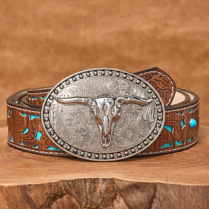 Ceinture en cuir pour homme avec boucle ovale en cuir argenté à motif tête de taureau Longhorn - Ceinture turquoise sculptée - 42 - image 3
