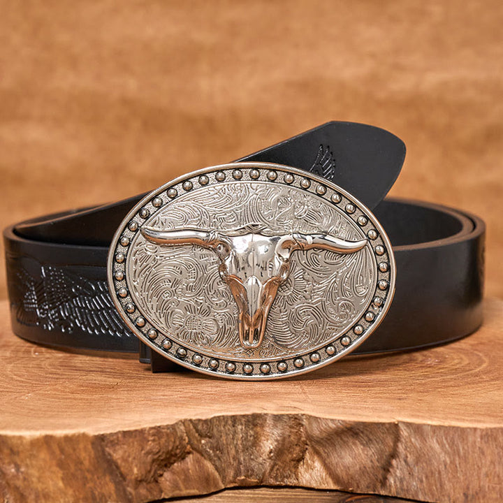 Ceinture en cuir pour homme avec boucle ovale en cuir argenté à motif tête de taureau Longhorn - Ceinture noire à motif aigle en relief - 42 - image 2