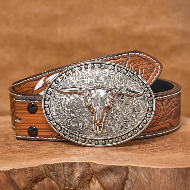 Ceinture en cuir pour homme avec boucle ovale en cuir argenté à motif tête de taureau Longhorn - Ceinture de plumes brunes - 40 - image 7