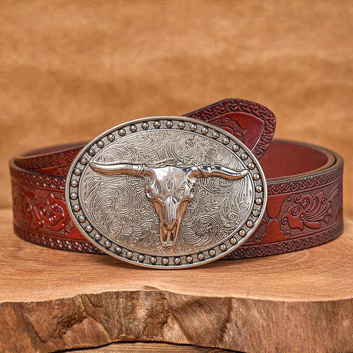 Ceinture en cuir pour homme avec boucle ovale en cuir argenté à motif tête de taureau Longhorn - Ceinture sculptée marron - 42 - image 6