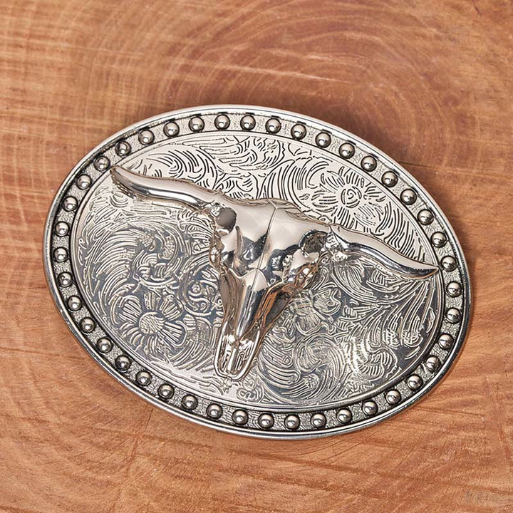Ceinture en cuir pour homme avec boucle ovale en cuir argenté à motif tête de taureau Longhorn - image 1