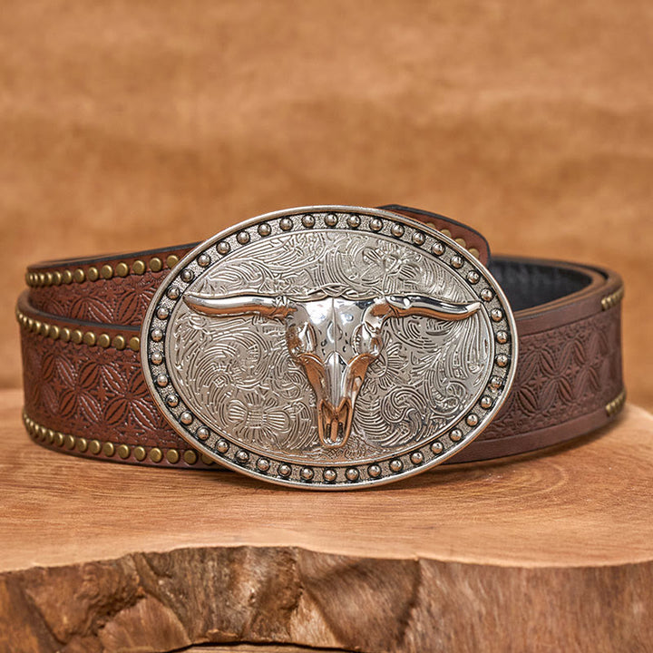 Ceinture en cuir pour homme avec boucle ovale en cuir argenté à motif tête de taureau Longhorn - Ceinture à rivets marron - 42 - image 4