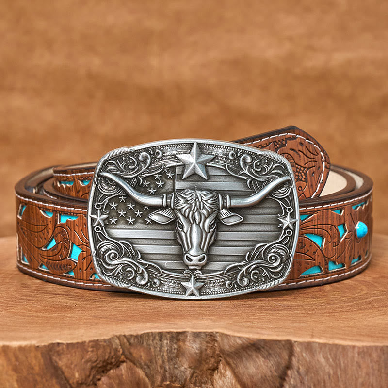 Ceinture en cuir pour homme, style vintage argenté, à rayures étoilées et motif taureau Longhorn. - Ceinture turquoise sculptée - 42 - image 3