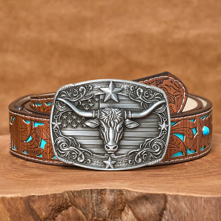 Ceinture en cuir pour homme, style vintage argenté, à rayures étoilées et motif taureau Longhorn. - Ceinture turquoise sculptée - 42 - image 3