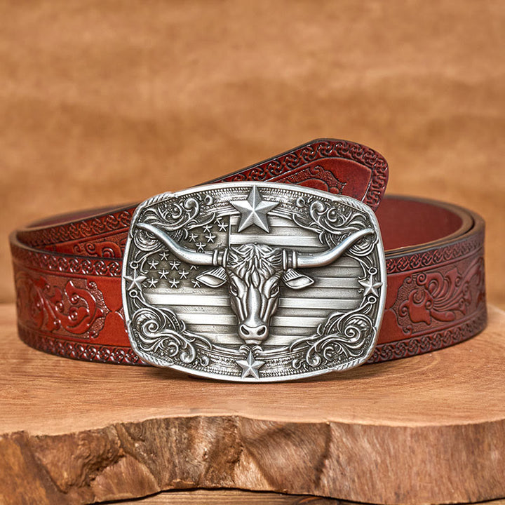 Ceinture en cuir pour homme, style vintage argenté, à rayures étoilées et motif taureau Longhorn. - Ceinture sculptée marron - 42 - image 6