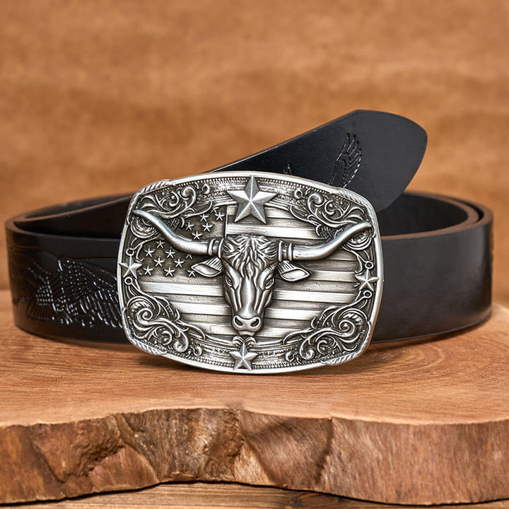 Ceinture en cuir pour homme, style vintage argenté, à rayures étoilées et motif taureau Longhorn. - Ceinture noire à motif aigle en relief - 42 - image 2