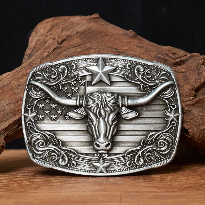 Ceinture en cuir pour homme, style vintage argenté, à rayures étoilées et motif taureau Longhorn. - Sans ceinture - Ceinture non incluse - image 0