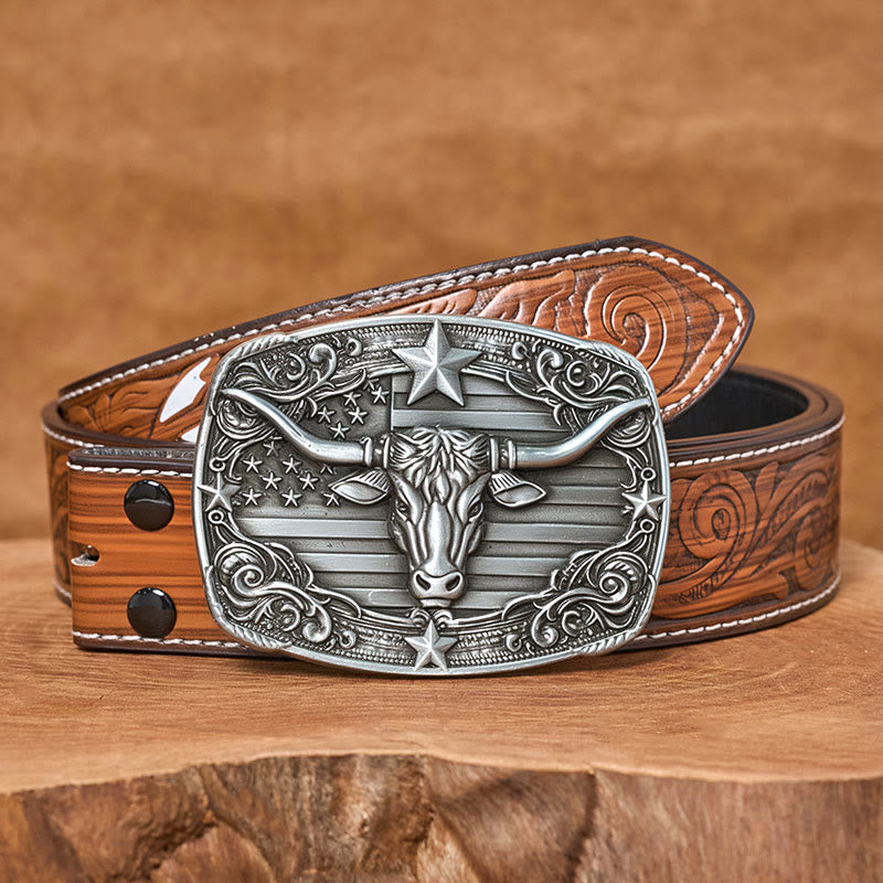 Ceinture en cuir pour homme, style vintage argenté, à rayures étoilées et motif taureau Longhorn. - Ceinture de plumes brunes - 40 - image 7